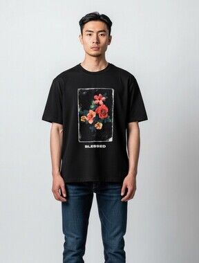 Samegang Black Basic Tee Cotton Floral Short Sleeve Men's T-shirt Size XL